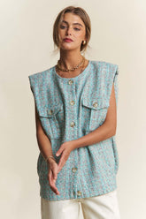 Celeste Blue Frayed Tweed Padded Shoulder Vest, Vests, $ 72.00, A Moment Of Now™